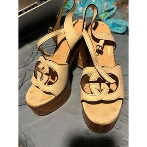 Gucci Interlocking GG Logo Wooden Platform Slingback Sandals Cream Leather 39